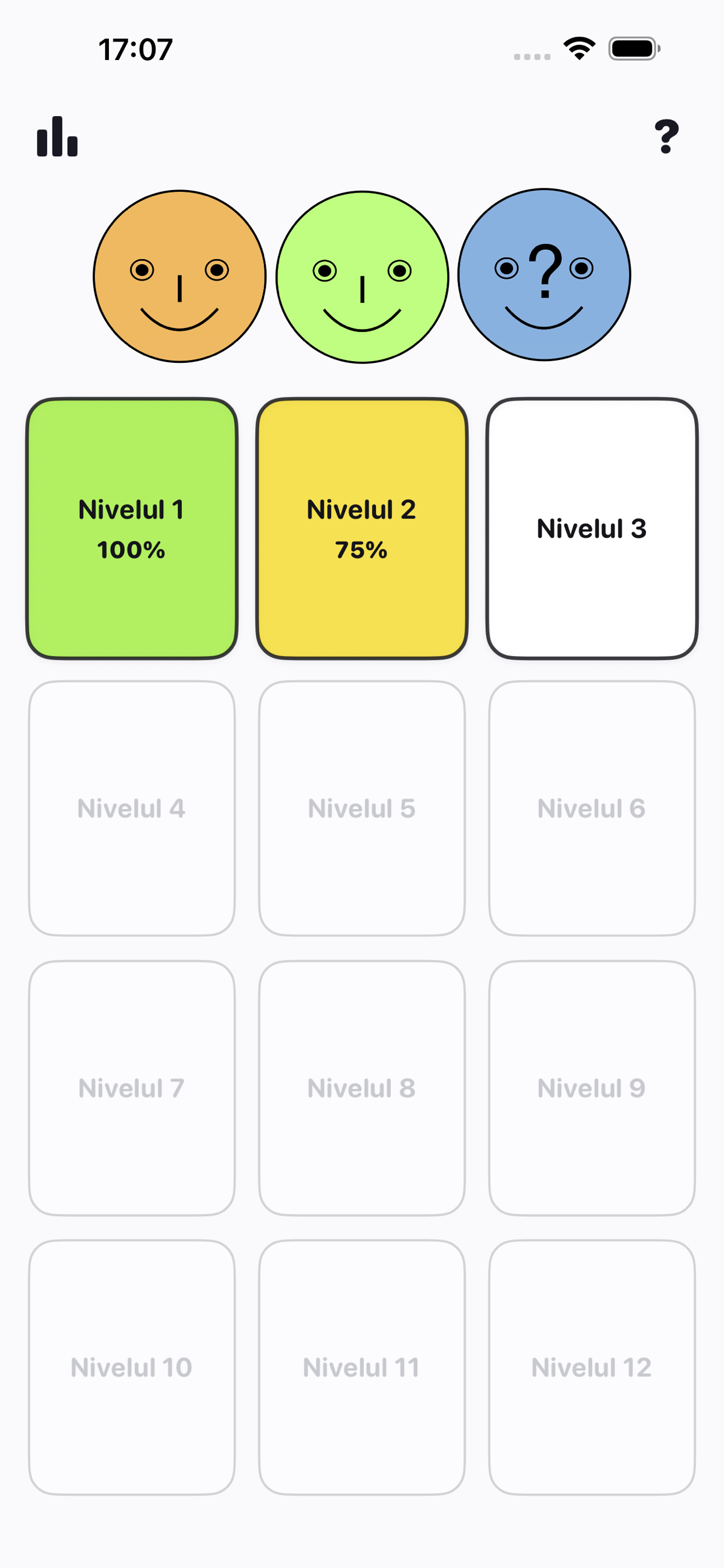 Grila principală de selectare a nivelului (Nivelele 1–12)